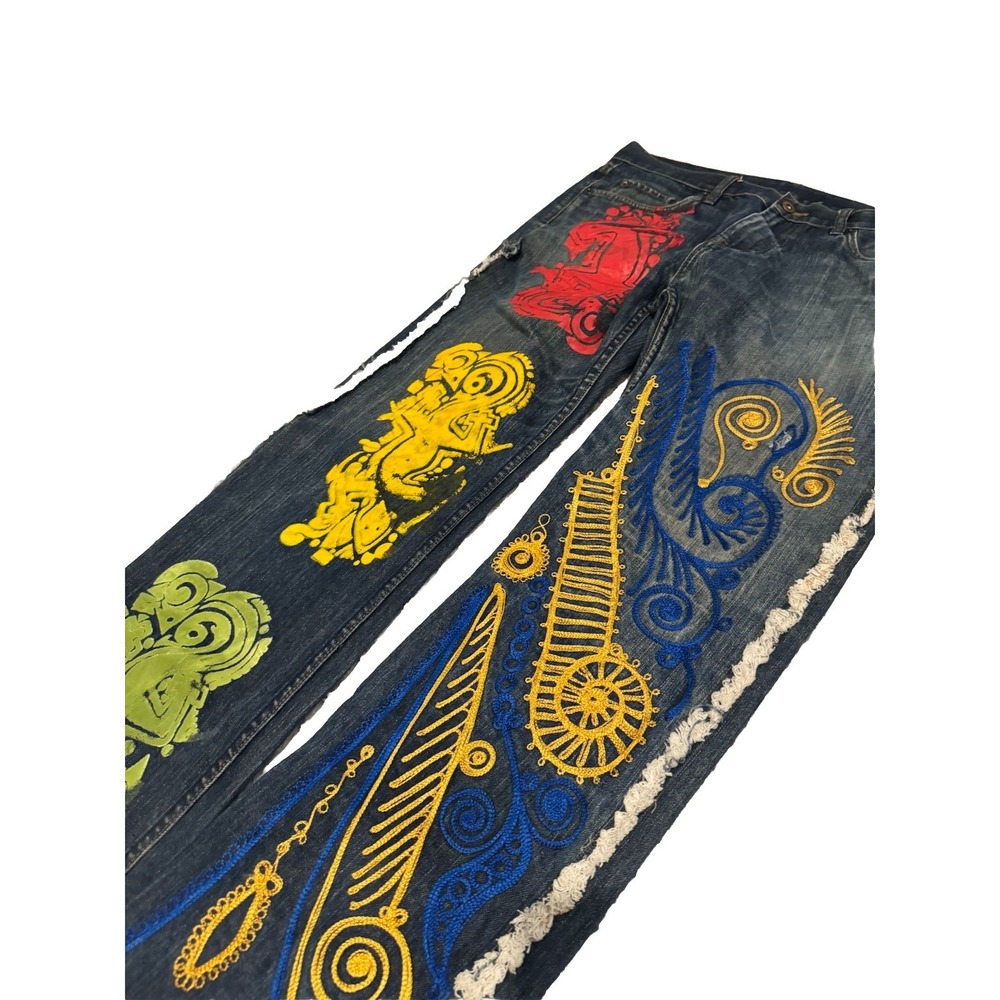 Streetwear EVISU Style Jeans Mens Blue Good Embroidered Painted Straight 34x32